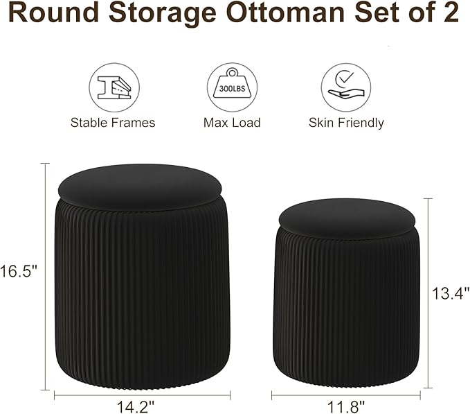 Black Velvet Ottoman with Storage Set of 2, Round Storage Ottoman Foot Rest, Black Makeup Vanity Chair, Small Vanity Stool with Storage, Pouf Ottomans for Living Room, Bedroom