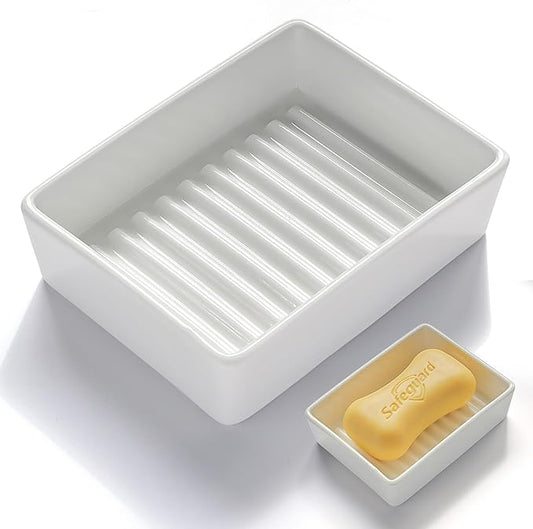 White Ceramic Soap Dish for Shower, Minimalist Soap Dish for Bathroom Sink and Bathtub, Non-Slip Soap Holder with Drainage, Classic Modern Style Soap Bar Tray Adds Beauty to Bathroom
