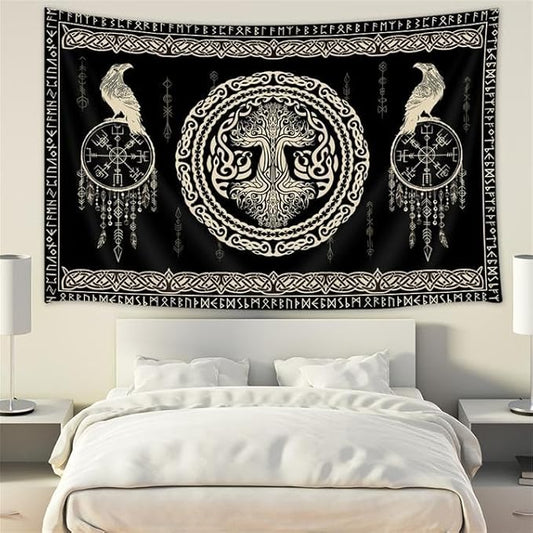 Hajmsug Vikings Tapestry,Black and White Tree Bird of Wisdom Celtic Rune Ancient Rune Totem Norse Mythology Medieval Viking Wall Art,Aesthetic Mythology Tapestry for Bedroom Living Room,60X40 Inch.