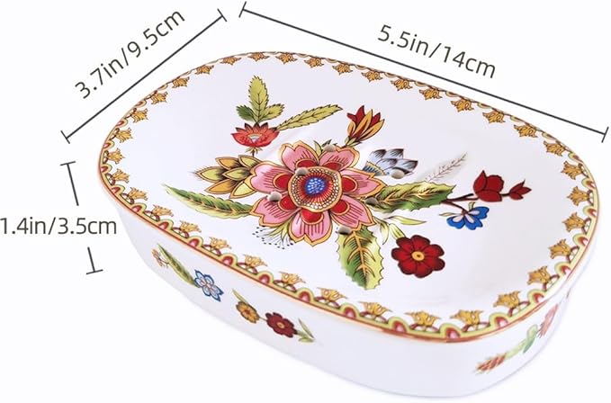 Self Draining Soap Dish, Double-Layer Bar Soap Tray, White Ceramic Soap Dish with Elegant Patterns (Style E)