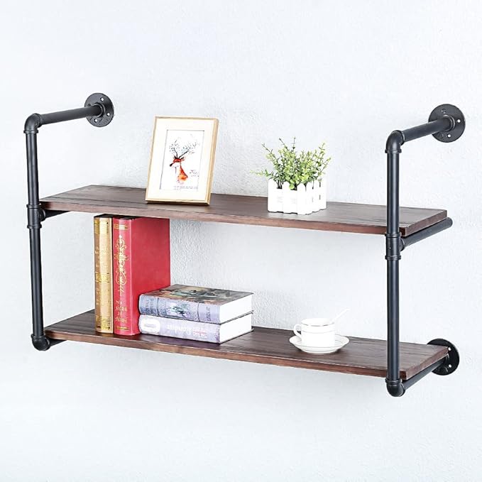 Industrial Pipe Shelving Wall Mounted,36in Rustic Metal Floating Shelves,Steampunk Real Wood Book Shelves,Wall Shelf Unit Bookshelf Hanging Wall Shelves,Farmhouse Kitchen Bar Shelving(2 Tier)