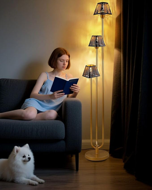 63IN Gold Floor Lamp, Unique 3 Poles Tall Standing Lamps with Metal Shade, 3000K Warmwhite Mid Century Modern Floor Lamp for Living Room Home Office(Bulbs Included)