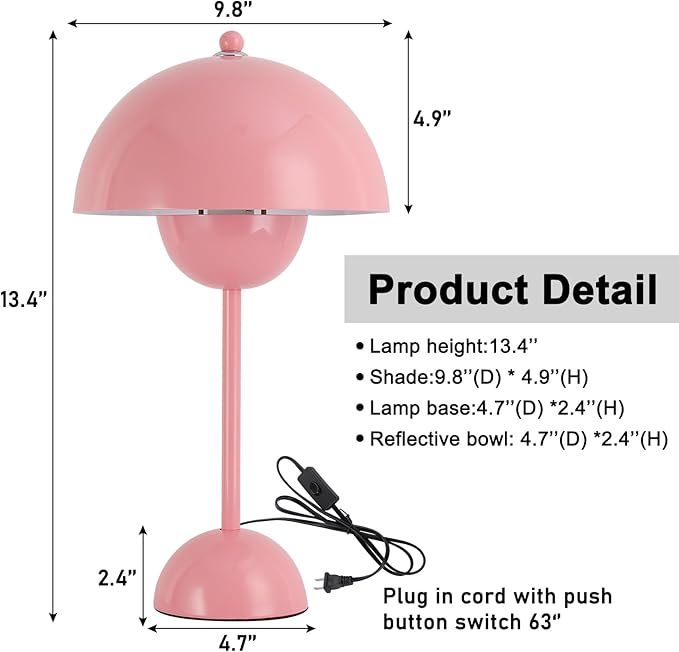 COSYLUX Modern Small Table Lamp for Bedroom, Cute Dome Shade Reflecting Light Reading Lamp for Living Room, Kid's Room, Study, Office, Beside Bedside Nightstand Desk Lamp(Pink)