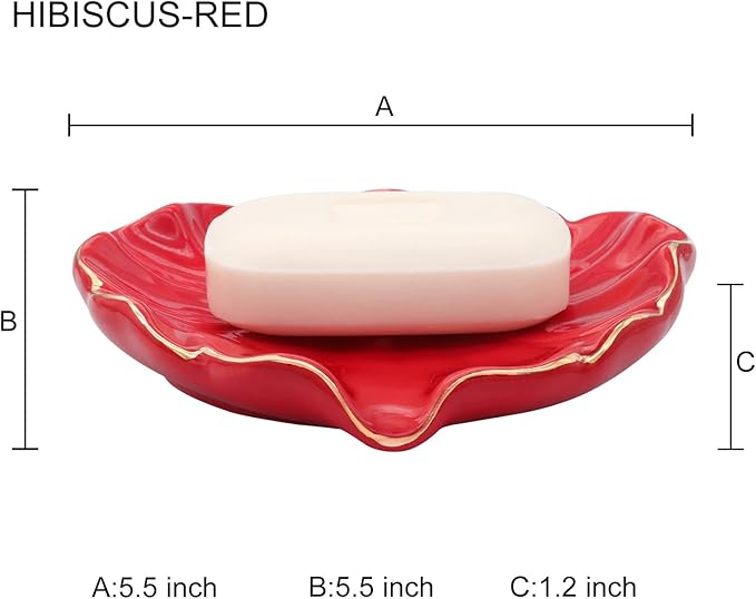 Ceramic Self Draining Soap Dish Red Hibiscus Flower Waterfall Soap Dish Soap Savers for Bathroom,Shower,Bar Counter