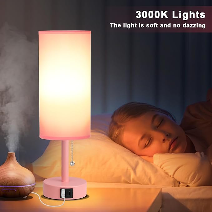 Hong-in Pink Table Lamp with USB-C and USB-A Charging Ports, Pull Chain, Nightstand Lamp for Bedrooms Living Room, LED Bulb Included