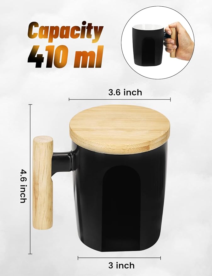 HOWAY Flat Bottom Mug with Wood Lid, Ceramic Tea Cup for Coffee Warmer, Flat Bottomed, Wooden Handle, 14oz