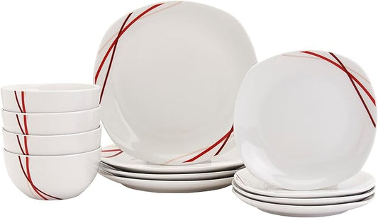 Tabletops Gallery 12-Piece White with Red Stripes Ceramic Dinnerware Set of Kitchen Dishes, Soft Square Dinner Salad Plates Cereal Bowls, Service for 4, Adrian