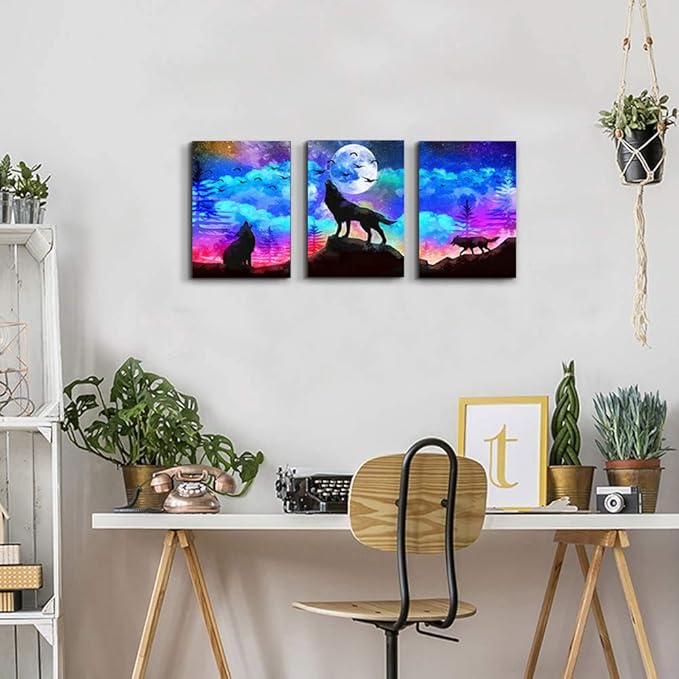 Canvas Wall Art For Living Room Wall Decor For Bedroom Kitchen Canvas Art Prints Artwork Modern Framed Room Home Decorations Blue Starry Sky Landscape Paintings Wolf Office Hang Pictures 3 Pieces