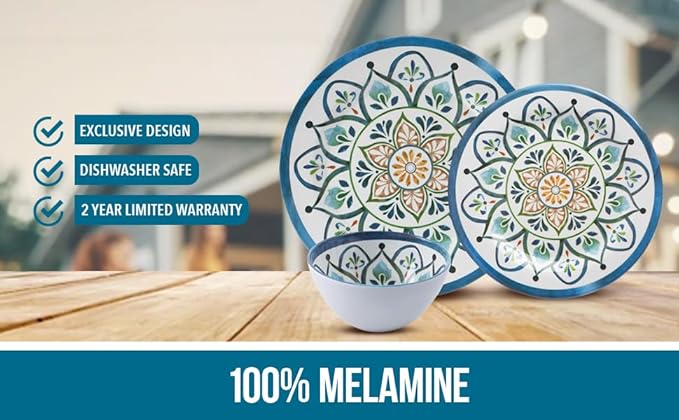 Melamine Dinnerware Sets, Service for 4. Unbreakable Dishes. Scratch Resistant Melamine Ware. Plates and Bowls. Dishwasher Safe Platos De Melamina Mosaic Design. Beautifully Packaged Gift Box