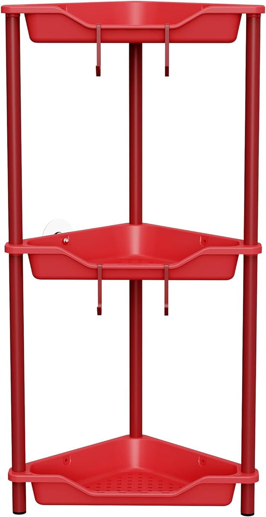 Orimade Rustproof 3 Tier Floor Standing Corner Shower Caddy Organizer, Plastic Metal Splicing Floor Corner Shelf Rack Stands for Bathroom, Red