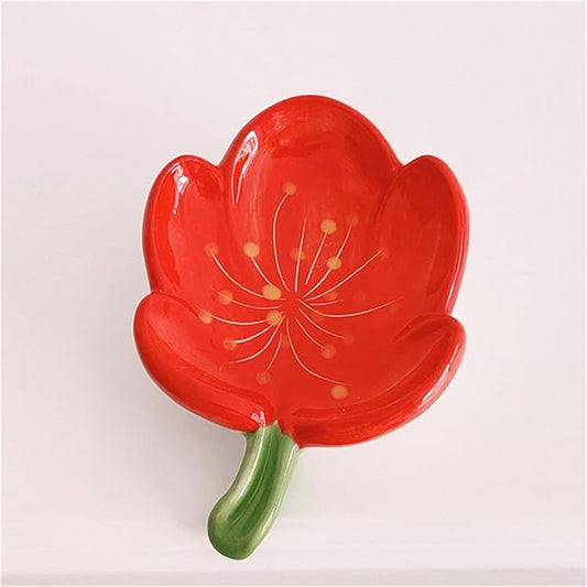 Ankah Decorative Ceramic Soap Box, Flower Shape Soap Dish, Self-Draining to Keep Dry Stop Mushy Soap Holder, Easy Cleaning, Best for Shower Bathroom and Kitchen (Tulip, Red)
