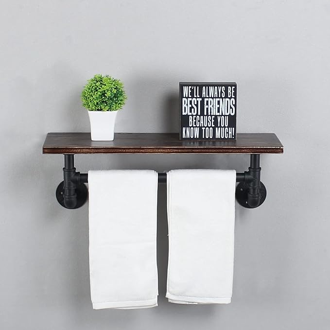 Industrial Pipe Shelving - Iron Bathroom Shelf With Towel Bar, 24in Rustic Metal Floating Wall Shelf, 1 Tier Retro Black
