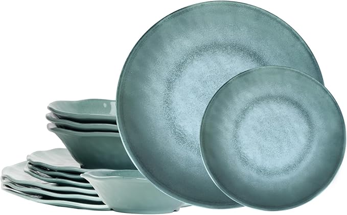 Missyip Melamine Dinnerware Set, Indoor and Outdoor Use Plates and Bowls Sets, Durable 12 Pcs Dishes Sets for 4, BPA Free Dishwasher Safe Not Microwave Not Oven