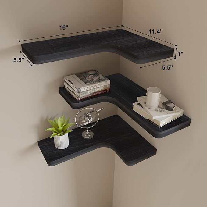 SAUMONIERES Corner Floating Shelves Wall Mount Shelf Solid Wood for Bedroom Bathroom Room Kitchen Storage Set of 3, Black, Invisible Brackets