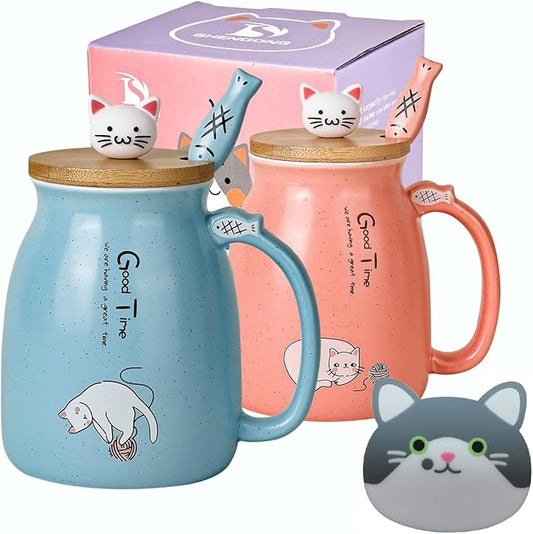SHENDONG 2 Pack Cat Mugs Cute Ceramic Coffee Cups Set of 2 with Kawaii Bamboo Lid and Spoon Novelty Morning Cup Coffee Milk Tea Mugs - 3d Animal Cat Mugs for Cat Lovers Women Gifts(Blue and Red)