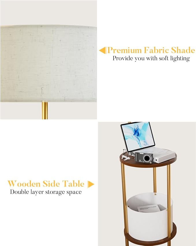 Lightdot Floor Lamp with Shelves, Mid Century Gold Standing Lamps with Bulb and Storage Bag Included, Farmhouse End Table with Lamp Attached for Living Room