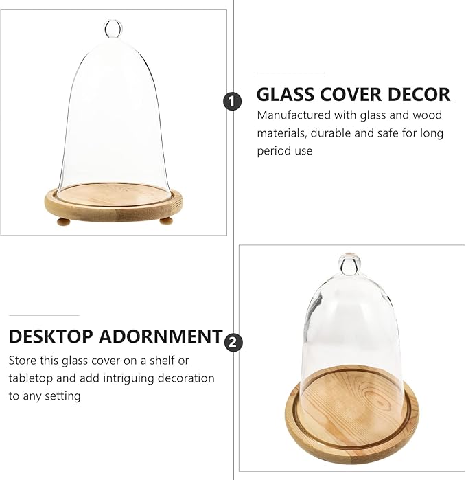 EXCEART Clear Glass Dome Cloche with Rustic Wooden Base Antique Bell Jar Display Dome for Plants Succulents Fairy Lights Photos Medals Decorative Fill and More Light Brown