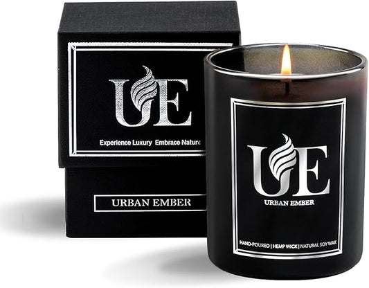 Amber Wood Scented Candle, Aromatherapy Candle for Home Scented - 55 Hours Long Lasting Soy Wax Candle - Strong Fragranced Black Candle Gift for Women & Men, 8 oz