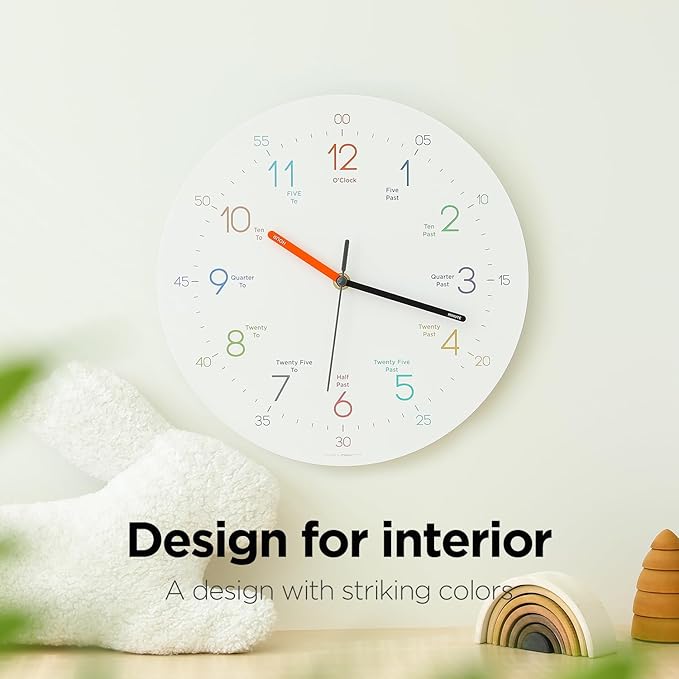 mooas Kids Easy Learning Flatwood Wall Clock,12" Wood Clock for Kids Learning Non-Ticking Sweep Movement Decorative Clock Battery Operated Wall Clock for Home Living Room Bedroom School