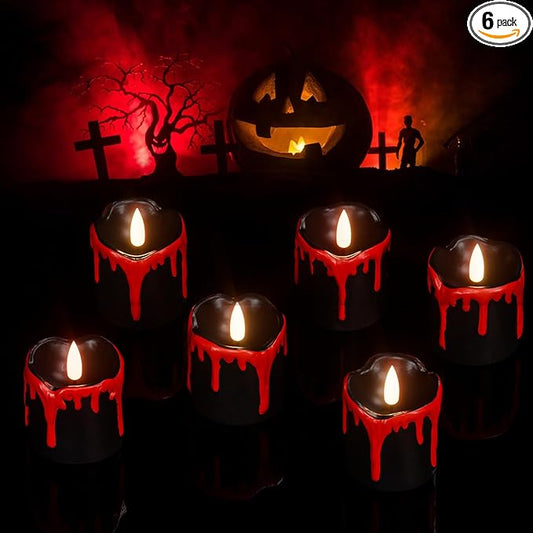 DRomance Black Flameless Votive Candles Battery Operated with Timer, 350 Hours Blood Dripping Small Real Wax Flickering LED Tea Light Candles Dinner Fall Halloween Decoration Lights(6 Pcs, 2" x 2.2")