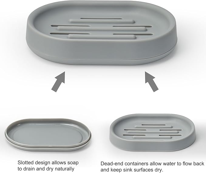 Topsky Soap Dish for Shower,2 Pack Soap Dishes Soap Savers for Bar Soap, Soap Bar Holder Shower with Drip Tray, Plastic Soap Holders with Drain for Kitchen Sink, Easy to Clean,Dry,Gray