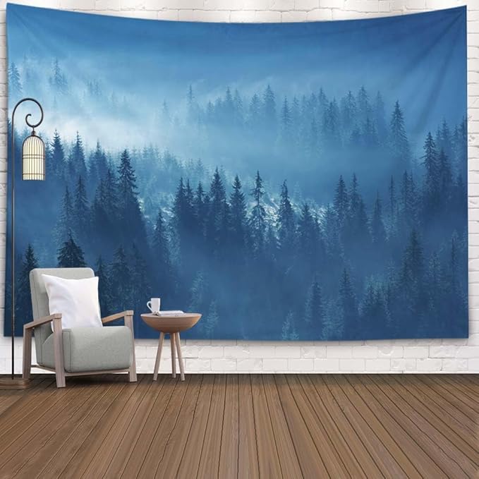 EMMTEEY Forest Wall Hanging - Mystical Mountain Pine Forest in Fog Scenic Tapestry, 60x40, Perfect for Families