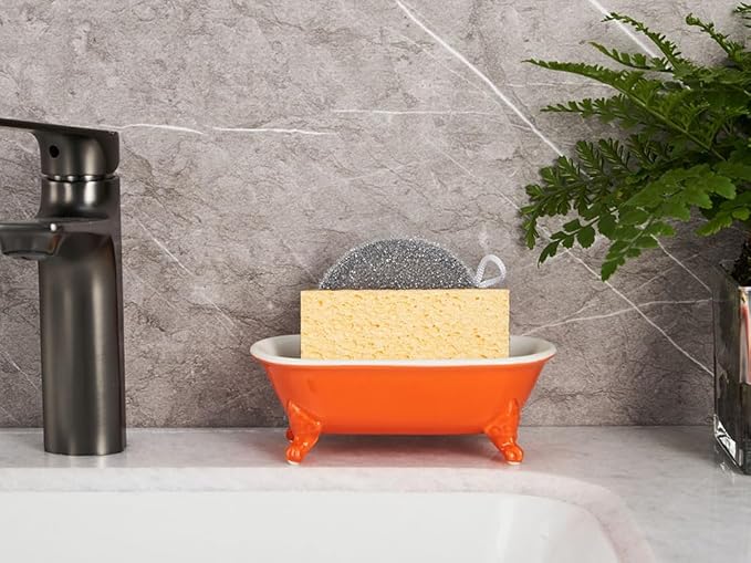 6.5" Ceramic Mini Decorative Clawfoot Bathtub Bar Soap Dish, Kitchen Sponge Holder and Shower Tray for Bathroom, 1 Pack(Tangerine)