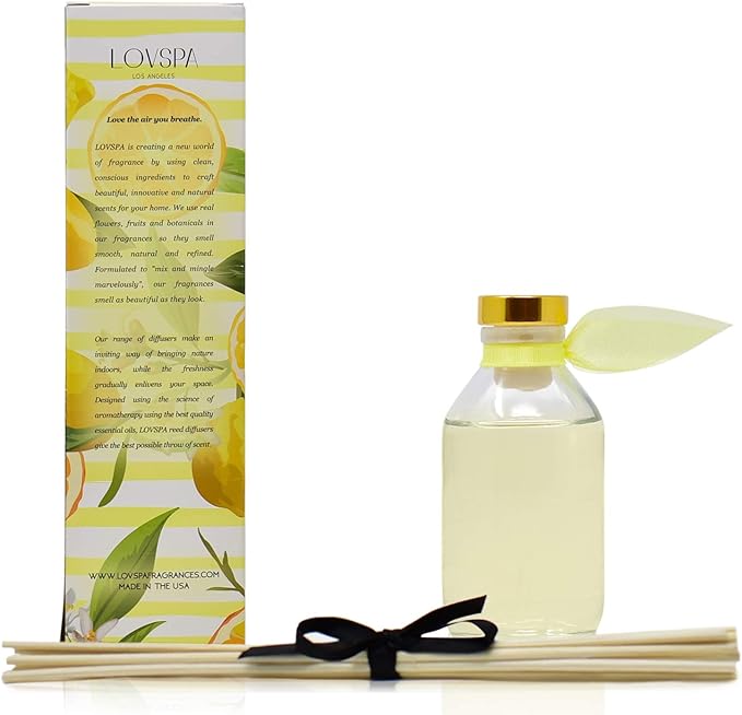 LOVSPA Sunshine & Lemons Reed Diffuser Set - Yuzu, Lemon, Grapefruit & Cane Sugar Scent Diffuser - Non-Toxic Oil Reed Diffuser - Made in The USA