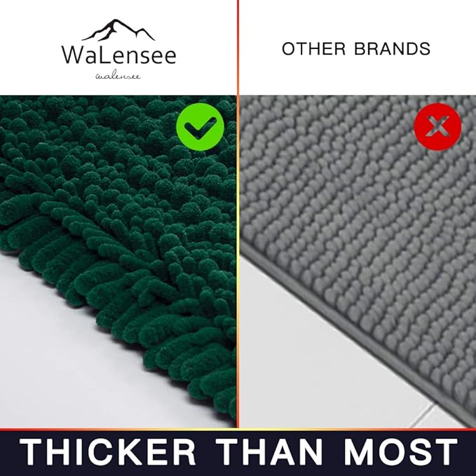 Walensee Bathroom Rug 2 Pieces Set Non Slip Bath Mat (20"x32" Plus 20"x24" U Hunter Green) Water Absorbent Super Soft Shaggy Chenille Machine Washable Dry Extra Thick Perfect Carpet for Shower Floor