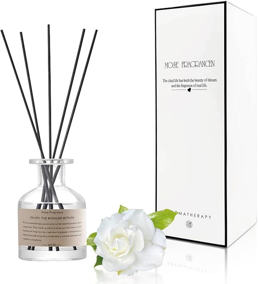 Reed Diffuser Set,4.1 oz Gardenia Scented Oil Diffuser with 5 Reed Sticks,Home Fragrance Reed Diffuser for Bathroom Bedroom Office Shelf Decor & Air Fresheners