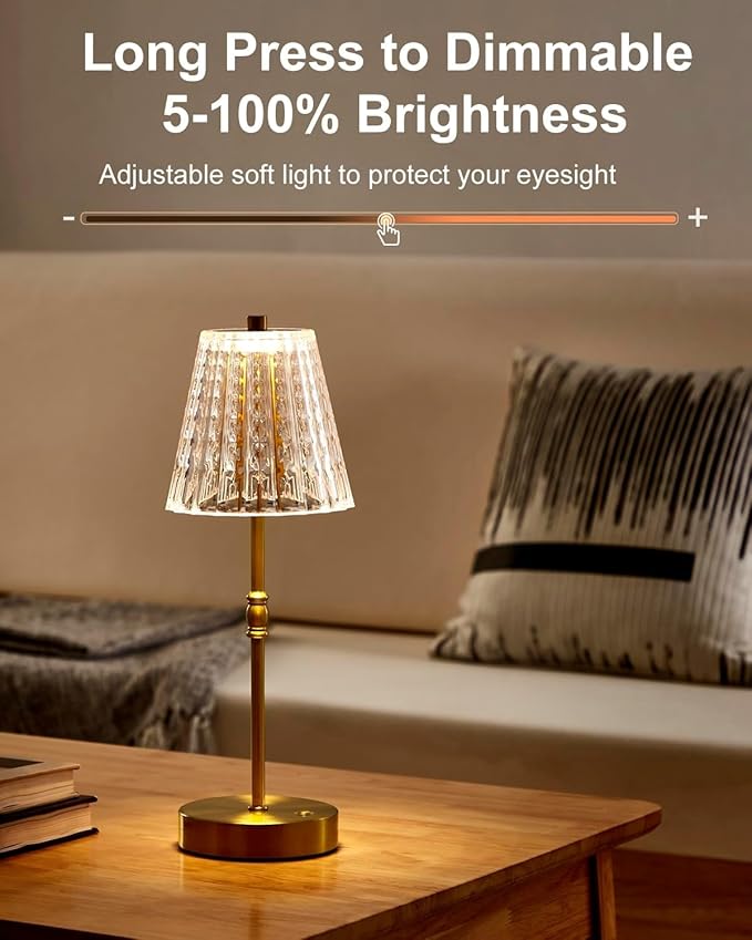 Cordless Table Lamp, 2500mAh Rechargeable Battery Operated Portable Lamp, Dimmable+3 Colors LED Touch Control, Vintage Crystal Lamp for Bedroom, Kitchen, Bar, Office
