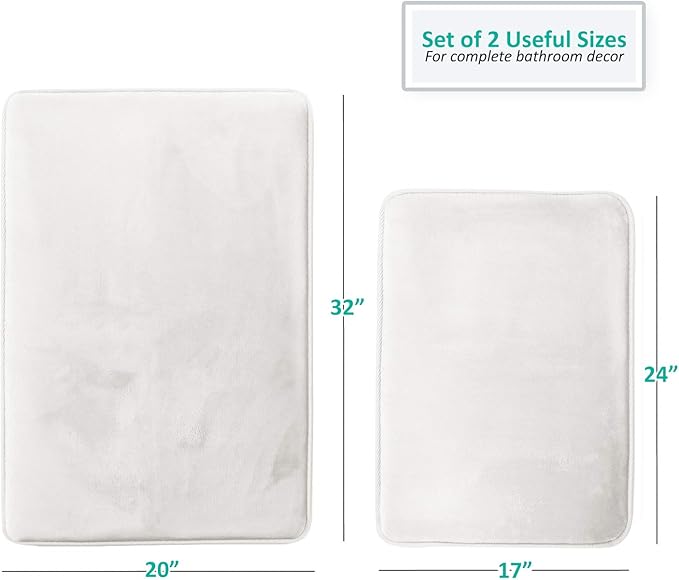 Clara Clark 2 Piece Bathroom Rugs Bath Mat Set, Velvet Memory Foam Bath Mats for Bathroom - Non-Slip, PVC Backing Bath Rugs, Washable - Dries Quickly, White