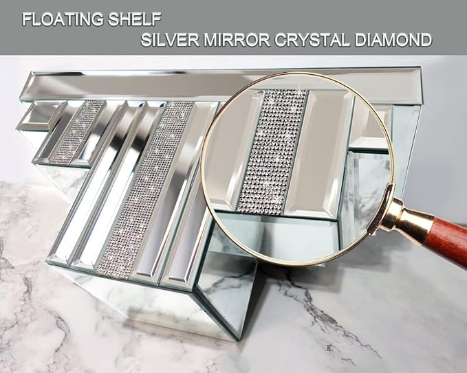 Mirrored Floating Wall Shelf, Silver Mirror Crushed Diamond Decorative Wall Shelf for Home Decoration Crystal Diamond Art Décor Accent Piece Showcase, 14.3" L×5.5" W×7.6" H