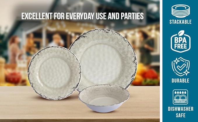 Melamine Dinnerware Sets, Service for 4. Unbreakable Dishes. Scratch Resistant Melamine Ware. Plates and Bowls. Dishwasher Safe Platos De Melamina Baroque Design. Beautifully Packaged Gift Box