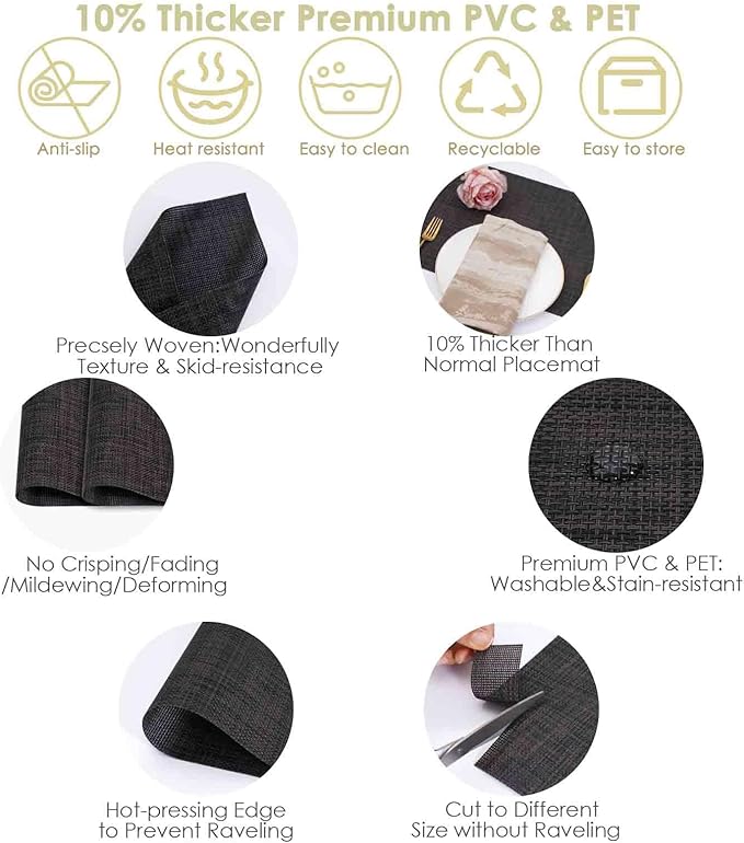GIVERARE Placemats Set of 4, Heat-Resistant Woven Vinyl Placemat 12x18in, Non-Slip Washable PVC Table Mat, Easy to Clean Premium Plastic Mats for Dining, Kitchen Table (Black/Gray)