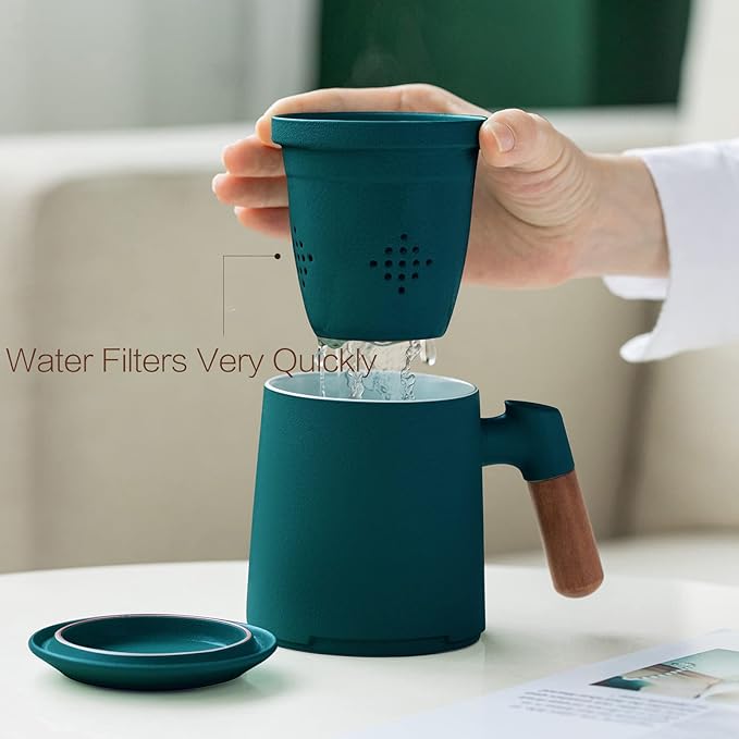 ZENS Tea Cup With Infuser and Lid, 12oz Green Mug for Loose Leaf Steeper, Wood Handle With Fine Strainers Hot Diffusers, Ceramic Mugs Accessories for Lovers Gifts