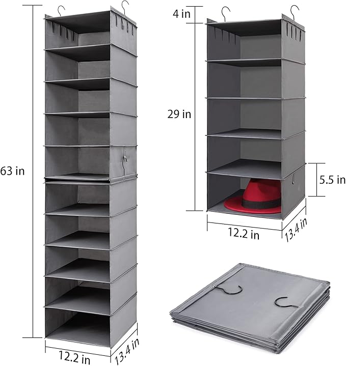 LADYBRO Hat Rack for Closet Hat Organizer, 10-Shelf Organizer for Fedora Trilby Hanging Storage Display Hanger Holder Caps Sunglass, Oxford Cloth Grey