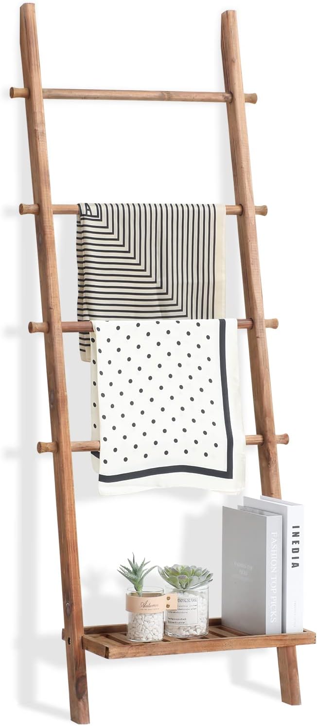 FUIN 5ft Wood Blanket Ladder with Bottom Shelf for Living Room Decorative Wall Leaning Farmhouse Quilt Display Holder Storage Rustic Wooden Towel Rack for Bathroom, Light Brown