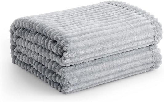 Vessia Flannel Fleece Light Grey Throw Blanket(50X70 Inch), 300GSM Warm and Soft Comfy Striped Bed Throw, Cozy Microfiber Ribbed Sofa Blanket for All Season