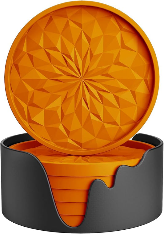 ME.FAN Silicone Coasters with Holder,[6 Pack] Drinking Coasters - Cup Mat for Hot or Cold Drinks, Thickened, Non-Slip, Non-stick,Deep Tray Orange