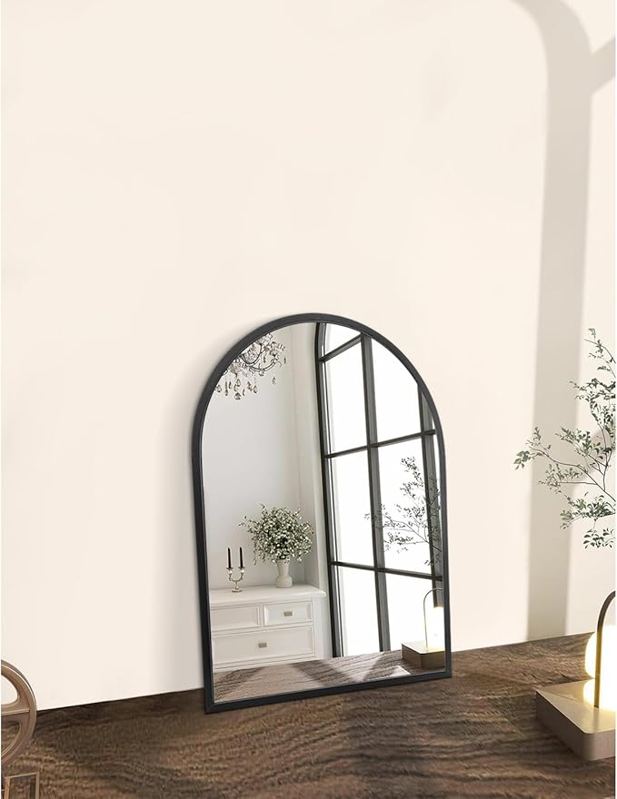 Black Arched Wall Mirror Aluminum Alloy Frame Bathroom Mirror Brushed Metal Vanity Wall Mounted Mirror for LivingRoom Bedroom Entryway Room Home Decor 16"x12"