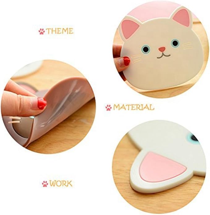 Set of 6 Cute Cat Cup Coasters Mats Silicone Rubber Faces Insulated Flexible Durable Non Slip Hot Pads for Beverage Drink Beer Wine Glass Tea Home Wedding Registry Gift Idea