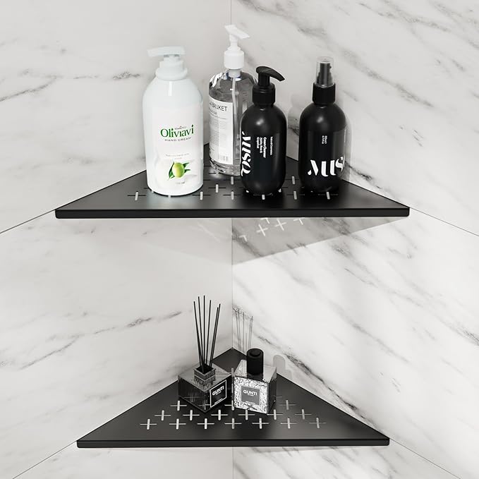 Shower Corner Shelf 10" Slot Design Shower Shelves for Tiled Wall, 304 Stainless Steel Recessed Organizer Corner Shelves for Bathroom Decor, Matte Black, 2 Pack (Cross)