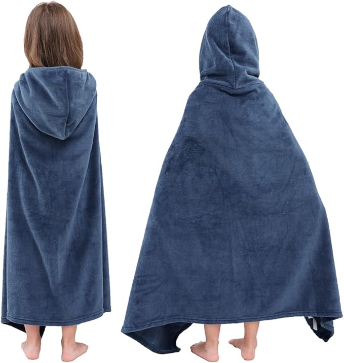 Hiturbo 2Pcs Kids Fleece Hooded Towel: Soft Plush Warm Blanket - 50"x30" Pool Beach Bath Swim Towel Wrap for 3-12 Yrs (Navy)