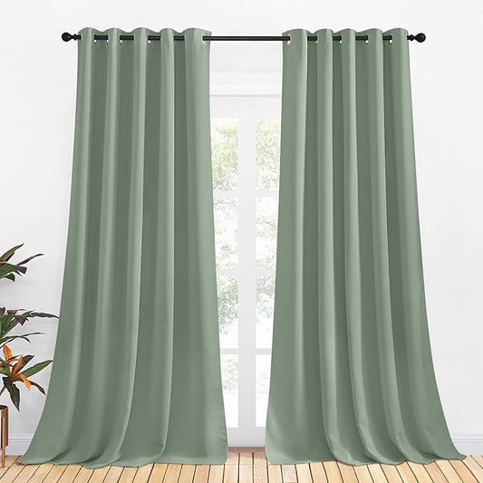 NICETOWN Thermal Insulated Greyish Green Curtains for Living Room, Window Treatment Solid Grommet Room Darkening Drape Panels for Bedroom (Set of 2, 70 by 95 inches Long)