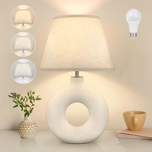 Boho Table Lamp for Living Room Bedroom, 21" Modern Ceramic Bedside Lamps 3 Color Temperature Farmhouse Rustic White Table Lights for Night Stands, Dorm, Office, Home Décor (Bulb Included)
