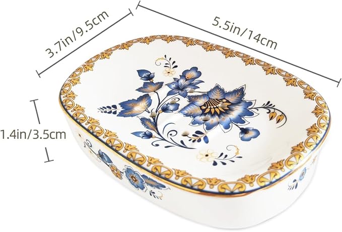 Self Draining Soap Dish, Double-Layer Bar Soap Tray, White Ceramic Soap Dish with Elegant Patterns (Style D)