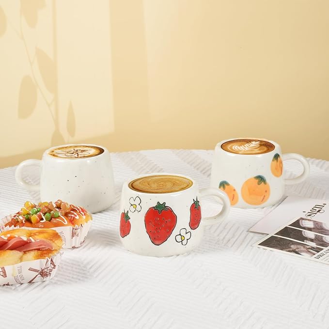 Koythin Ceramic Coffee Mug, Cute Fruits Creative Mugs Design, Printed Flowers Cup for Office and Home, 10 oz/300 ml for Latte Tea Milk (Persimmon)