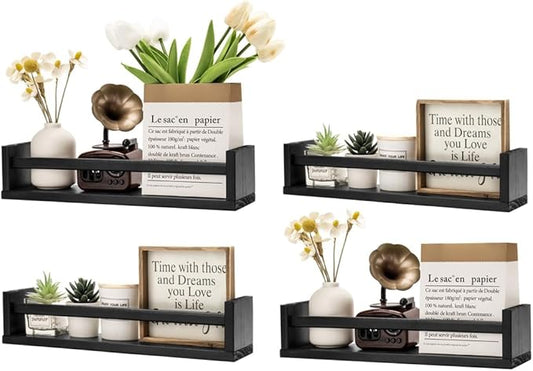 Gneric Floating Shelves for Wall, Black Nursery Book Shelves, 15.7 inch Kids Bookshelf, Wall Shelves for Living Room Bedroom Decor,Kitchen Spice Rack,Bathroom Storage Rack(4 Pack)