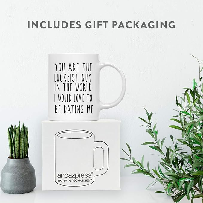Andaz Press Valentine’s Day Funny 11oz. His Her Couples Coffee Mug Gift, You Are The Luckeist Guy In The World I Would Love To Be Dating Me, 1-Pack, Gift Box